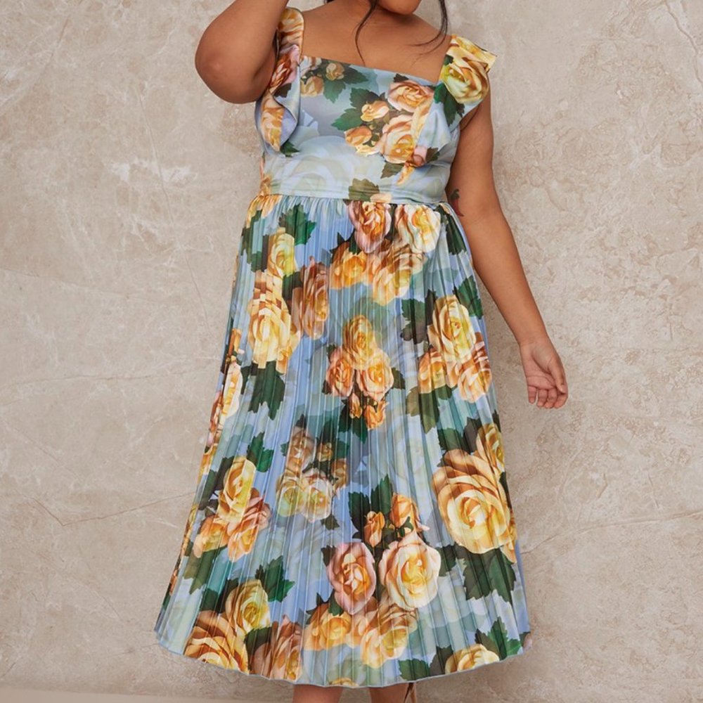 Chi Chi London Blue Plus Size Floral Print Ruffle Dress